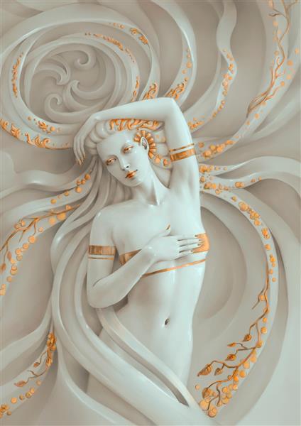 الهه باد-زن برهنه زیبا با جواهرات طلا
